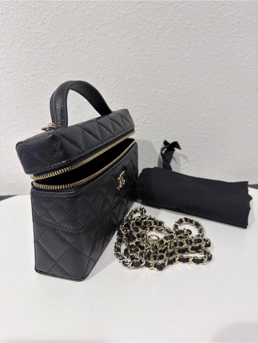 Quilted Black Top-Handle Vanity Bag